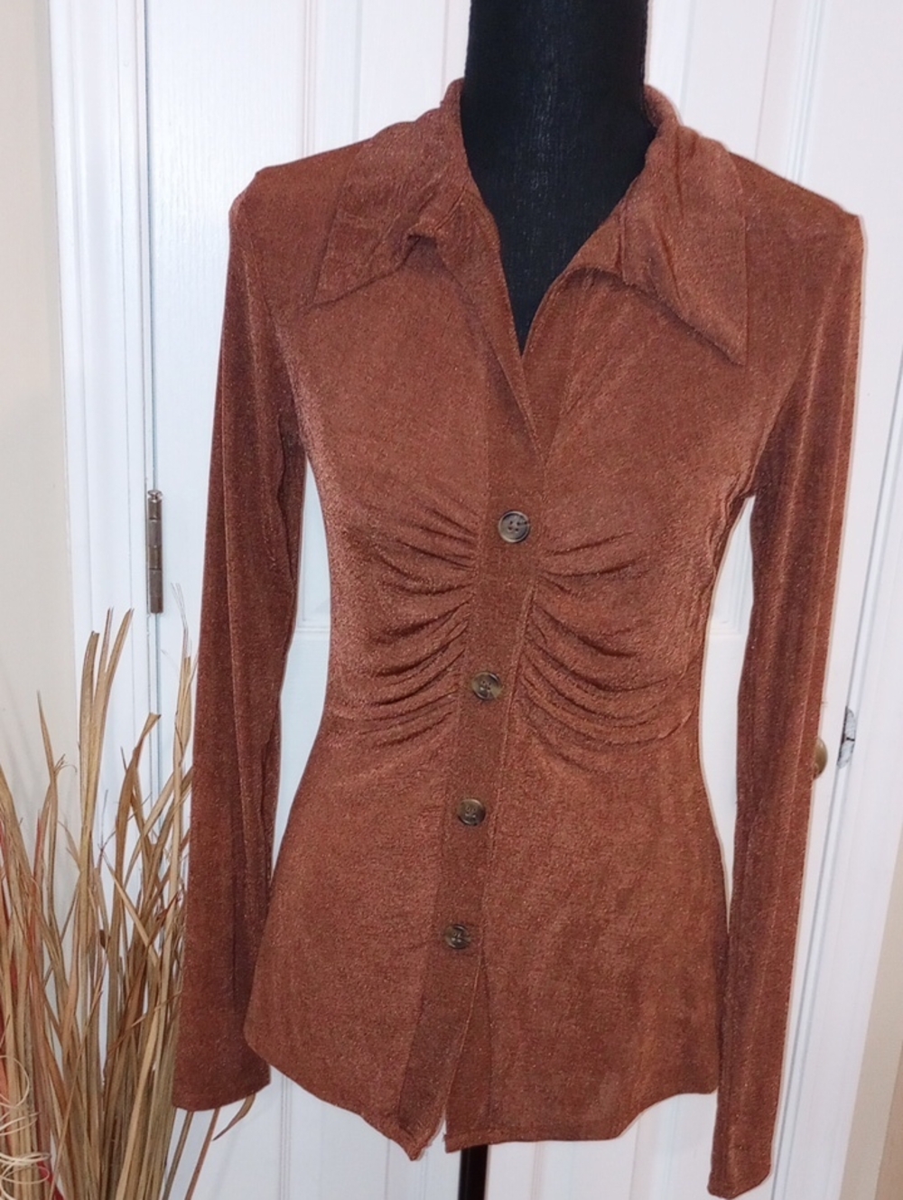 Long-Sleeve Ruched Button Front Dress in Rust
